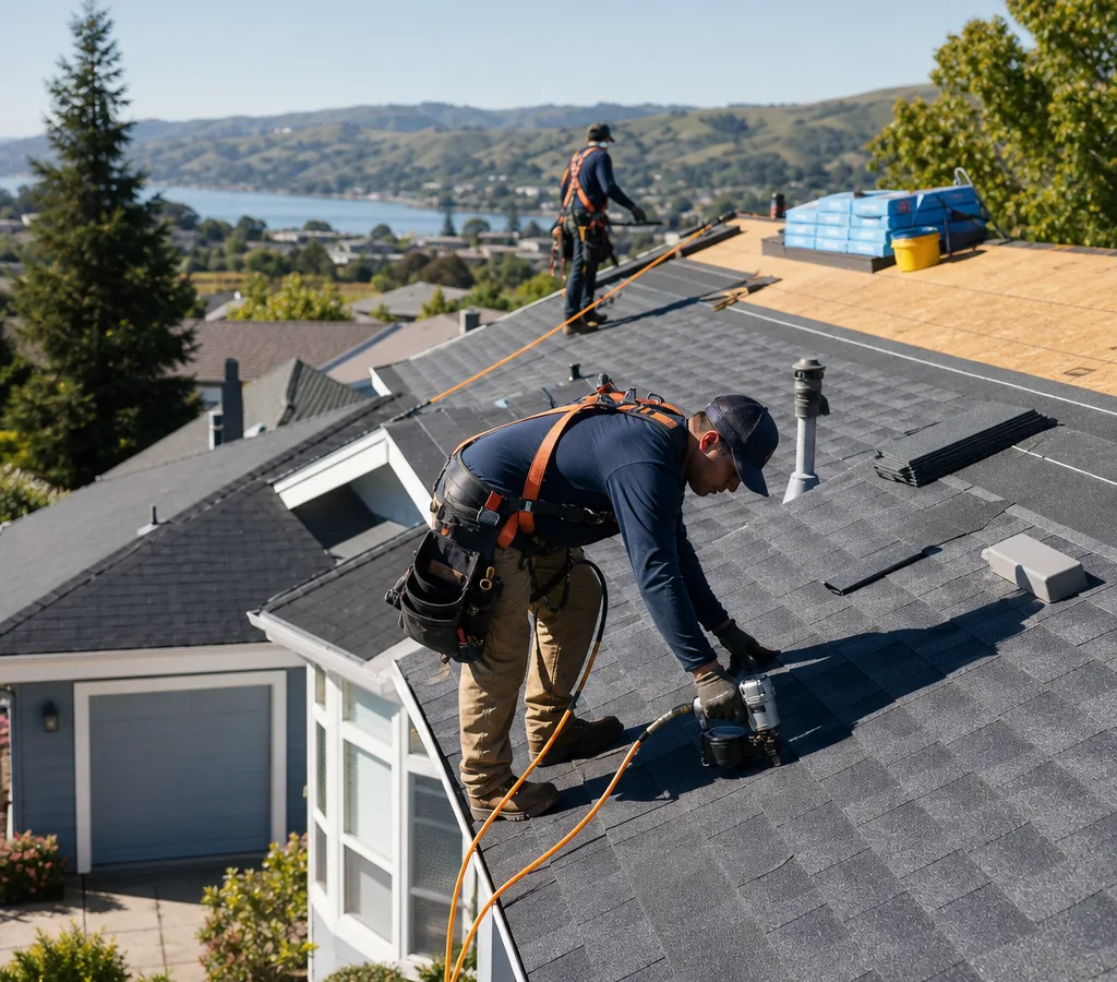 Roofing crew installing asphalt shingles with fall protection on a Bay Area home