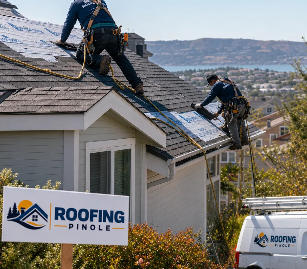 Roofing crew installing asphalt shingles with fall protection on a Bay Area home