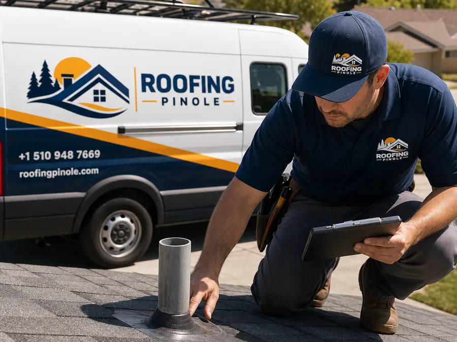 Roofer documenting flashing conditions around a plumbing vent