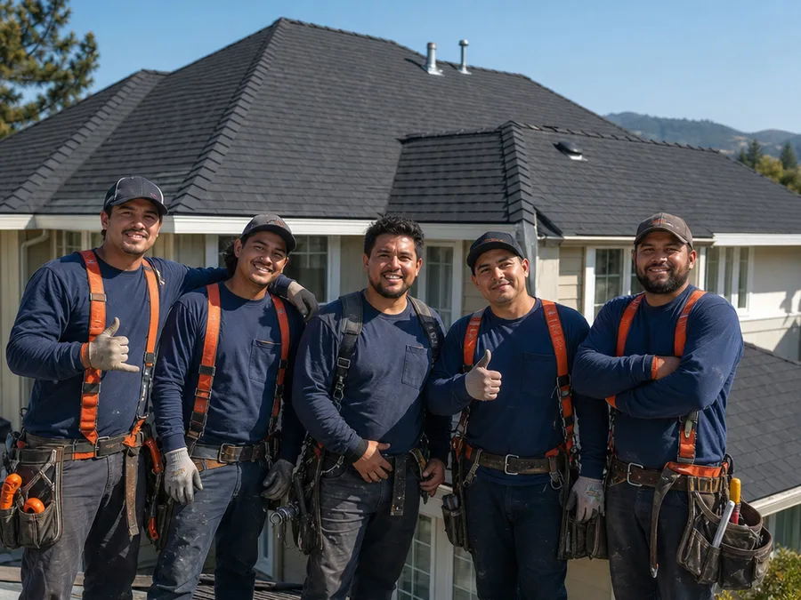Roofing Pinole crew with safety equipment at a completed residential roof