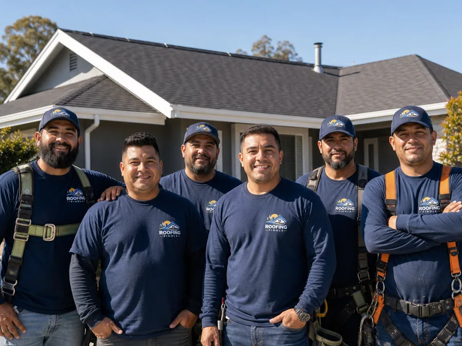 Roofing Pinole crew with safety equipment at a completed residential roof